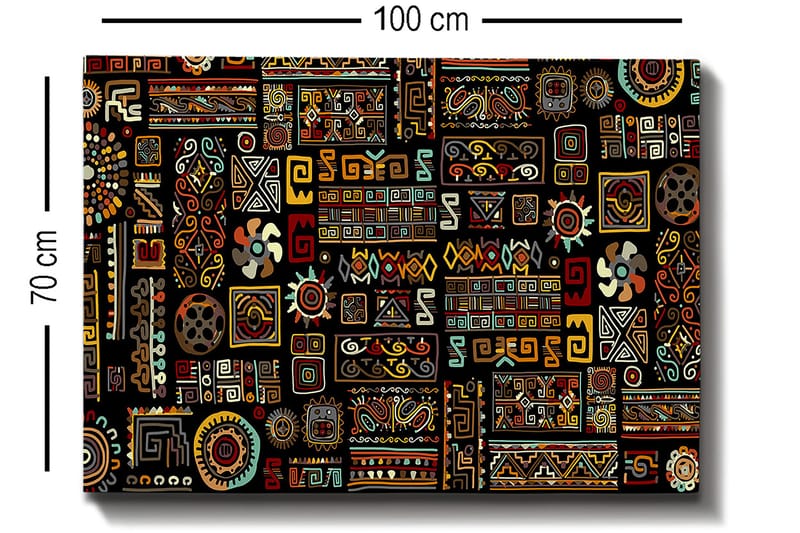 Lærred 70x100 cm - Et farverigt geometrisk mønster med symbolske elementer - Sort / Rød / Gul - Boligtilbehør - Billeder & kunst - Billeder på lærred