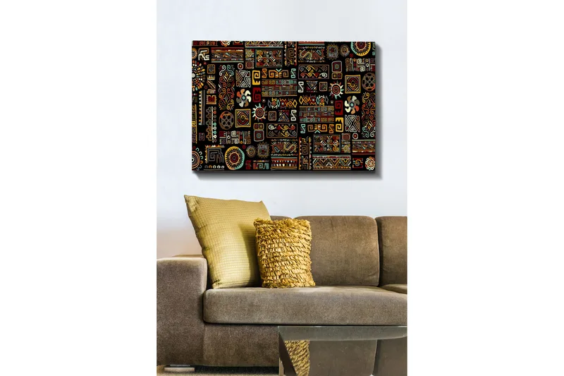 Lærred 70x100 cm - Et farverigt geometrisk mønster med symbolske elementer, Sort / Rød / Gul
