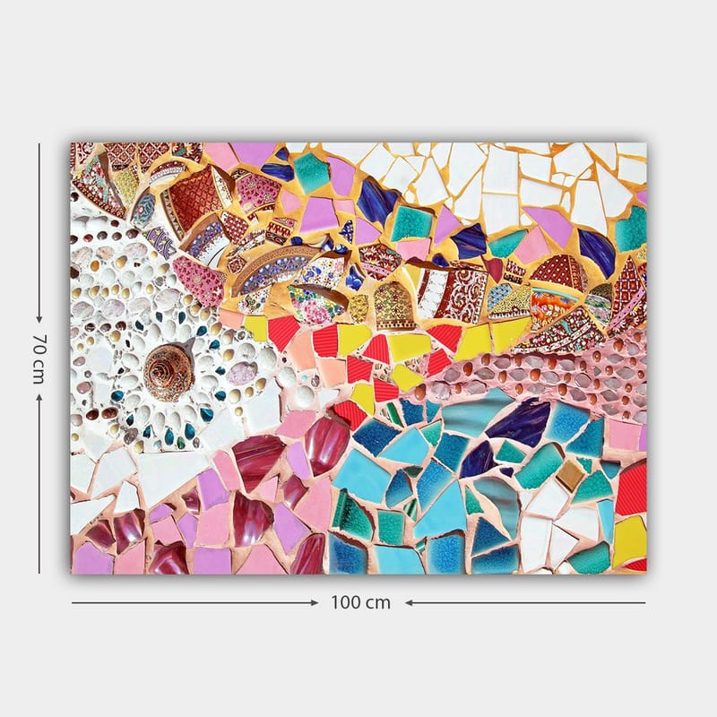 Lærred 70x100 cm - Et farverigt mosaikværk med muslingeskaller og geometriske former, der skaber en levende komposition - Lyserød / Blå / Guld - Boligtilbehør - Billeder & kunst - Billeder på lærred