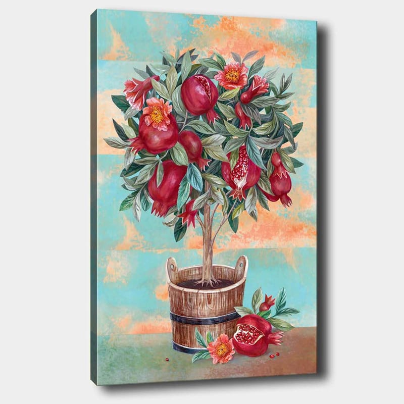 Lærred 70x100 cm - Et frugttræ med granatæbler og blomster i en træpotte, Rød / Grøn / Brun