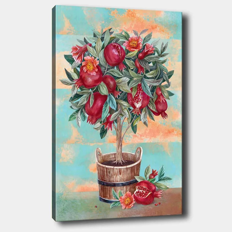 Lærred 70x100 cm - Et frugttræ med granatæbler og blomster i en træpotte, Rød / Grøn / Brun