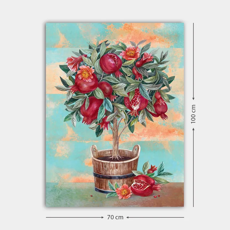 Lærred 70x100 cm - Et frugttræ med granatæbler og blomster i en træpotte - Rød / Grøn / Brun - Boligtilbehør - Billeder & kunst - Billeder på lærred