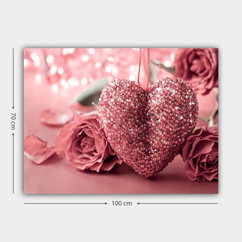Lærred 70x100 cm - Et funklende hjerte omgivet af lyserøde roser - Lyserød / Mørkerød - Boligtilbehør - Billeder & kunst - Billeder på lærred