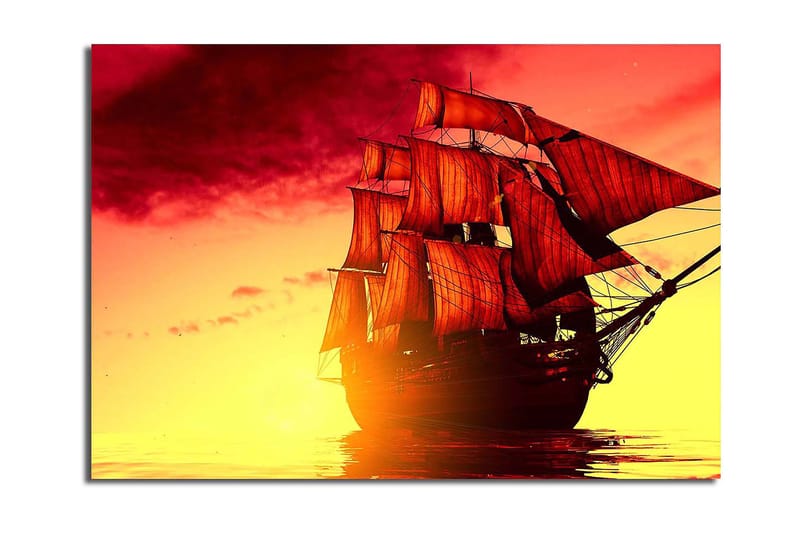 Lærred 70x100 cm - Et majestætisk sejlskib med røde sejl, der navigerer gennem en gylden solnedgang, Rød / Orange / Gul
