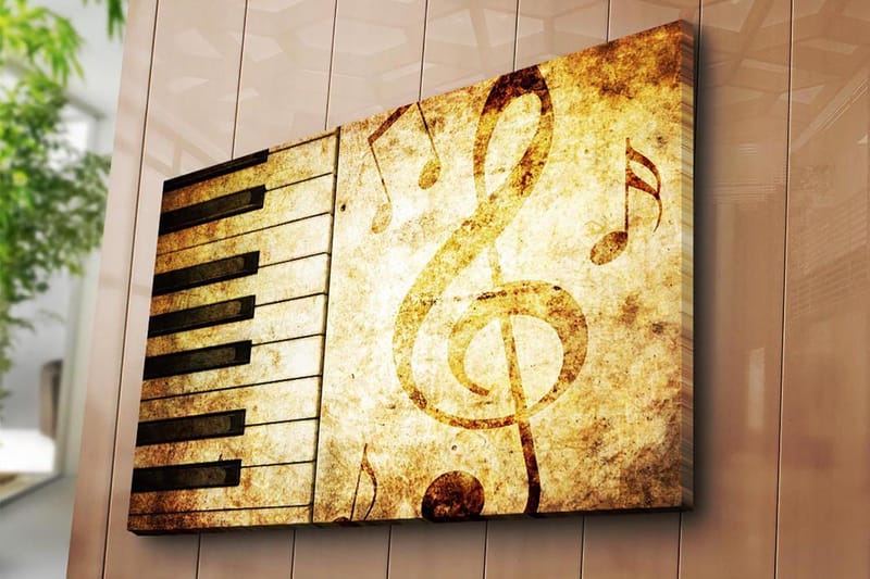 Lærred 70x100 cm - Et stiliseret klaverklaver med noder i et vintage-inspireret design - Guld / Brun / Sort - Boligtilbehør - Billeder & kunst - Billeder på lærred