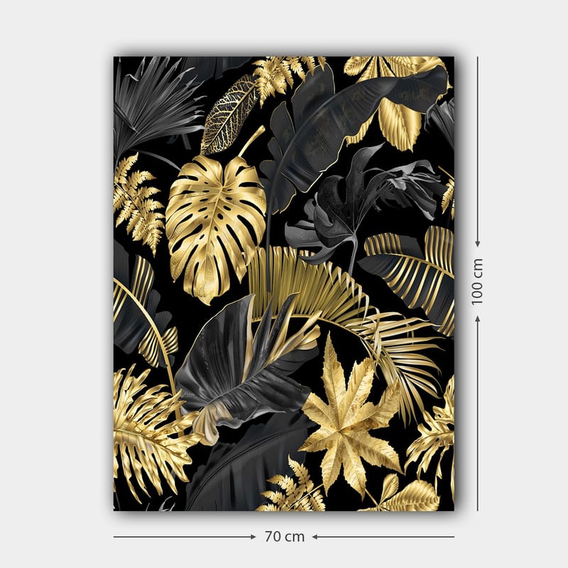 Lærred 70x100 cm - Et stiliseret mønster af tropiske planter i guld og sort - Guld / Sort / Mørkegrøn - Boligtilbehør - Billeder & kunst - Billeder på lærred