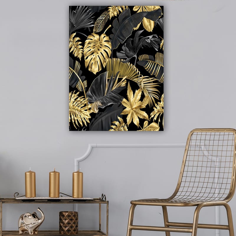 Lærred 70x100 cm - Et stiliseret mønster af tropiske planter i guld og sort - Guld / Sort / Mørkegrøn - Boligtilbehør - Billeder & kunst - Billeder på lærred