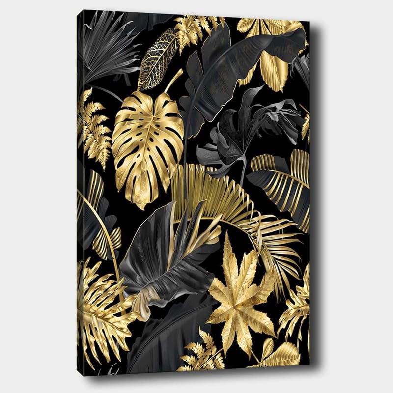Lærred 70x100 cm - Et stiliseret mønster af tropiske planter i guld og sort, Guld / Sort / Mørkegrøn
