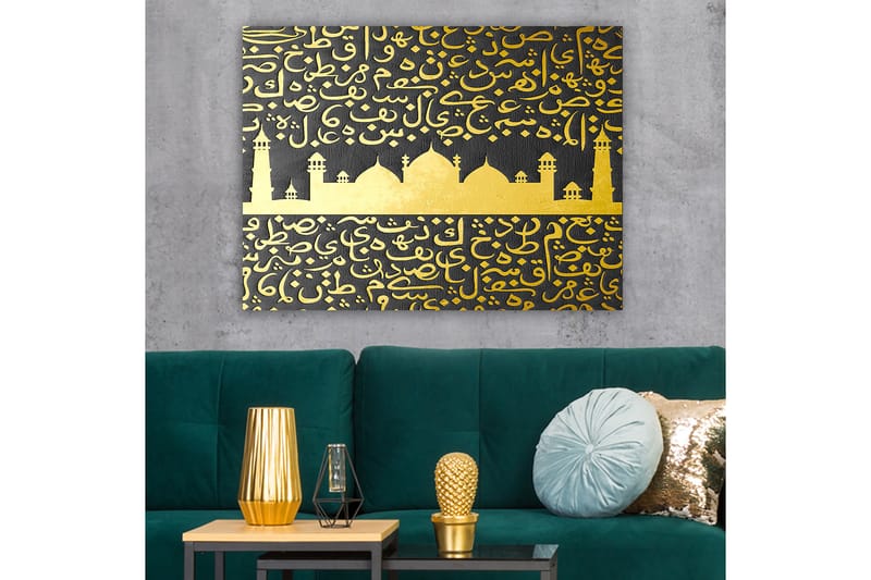Lærred 70x100 cm - Et stiliseret moskémotiv med arabisk skrift i guld mod en sort baggrund - Guld / Sort - Boligtilbehør - Billeder & kunst - Billeder på lærred