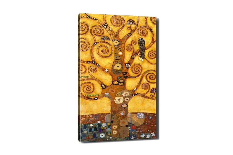 Lærred 70x100 cm - Et stiliseret træ med hvirvlende grene og en fugl mod en gylden baggrund - Guld / Brun / Sort - Boligtilbehør - Billeder & kunst - Billeder på lærred