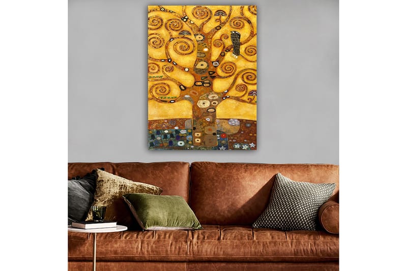 Lærred 70x100 cm - Et stiliseret træ med hvirvlende grene og en fugl mod en gylden baggrund - Guld / Brun / Sort - Boligtilbehør - Billeder & kunst - Billeder på lærred