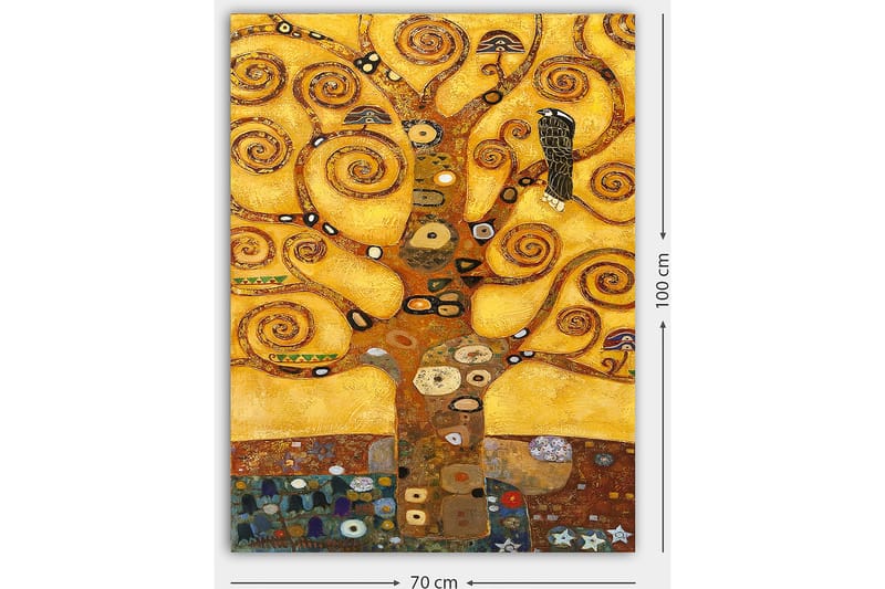 Lærred 70x100 cm - Et stiliseret træ med hvirvlende grene og en fugl mod en gylden baggrund - Guld / Brun / Sort - Boligtilbehør - Billeder & kunst - Billeder på lærred
