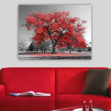 Lærred 70x100 cm - Et stort rødt træ i et sort-hvidt parklandskab - Rød / Sort - Boligtilbehør - Billeder & kunst - Billeder på lærred