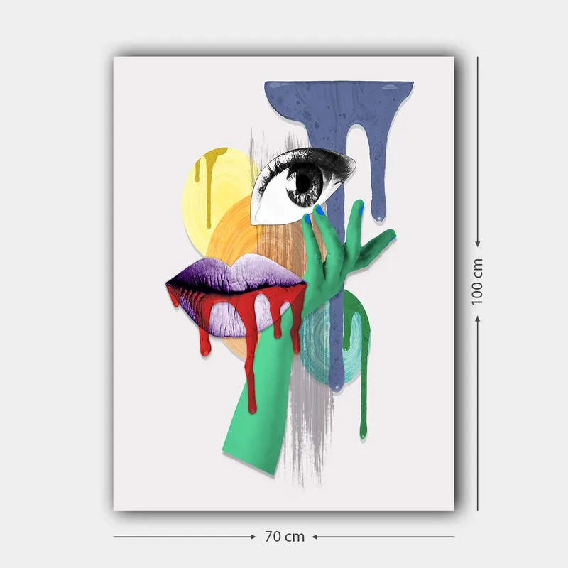 Lærred 70x100 cm - Et surrealistisk portræt med et øje, læber og en hånd i livlige farver - Grøn / Lilla / Rød - Boligtilbehør - Billeder & kunst - Billeder på lærred