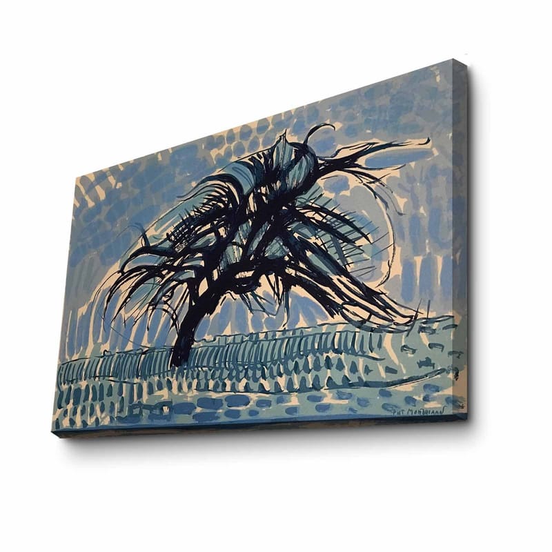 Lærred 70x100 cm - Et vindramt træ mod en blå himmel, Blå / Sort / Beige