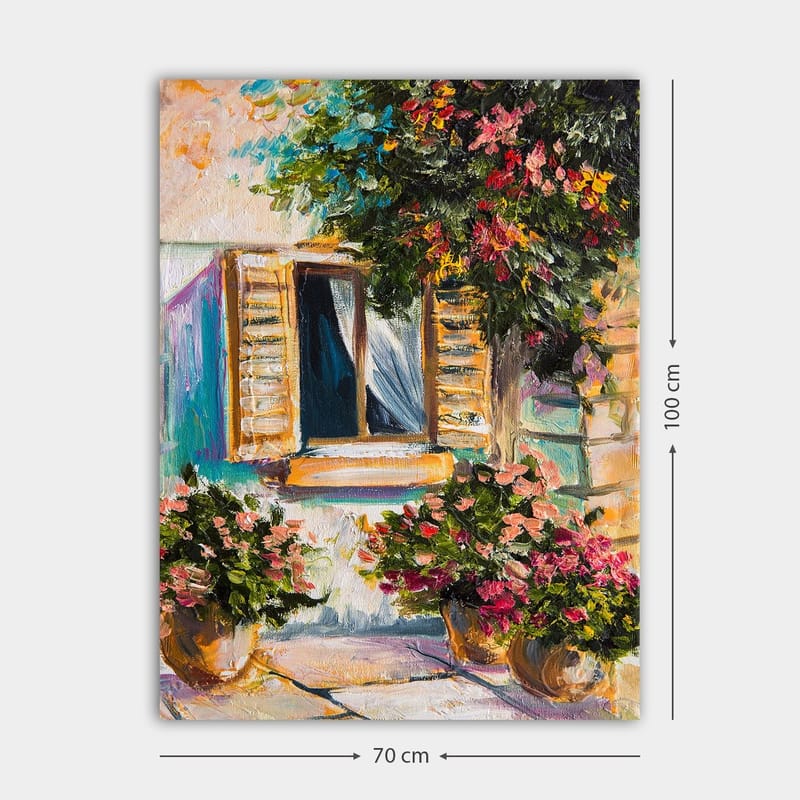 Lærred 70x100 cm - Et vindue med åbne persienner omgivet af blomster i potter - Grøn / Lyserød / Beige - Boligtilbehør - Billeder & kunst - Billeder på lærred