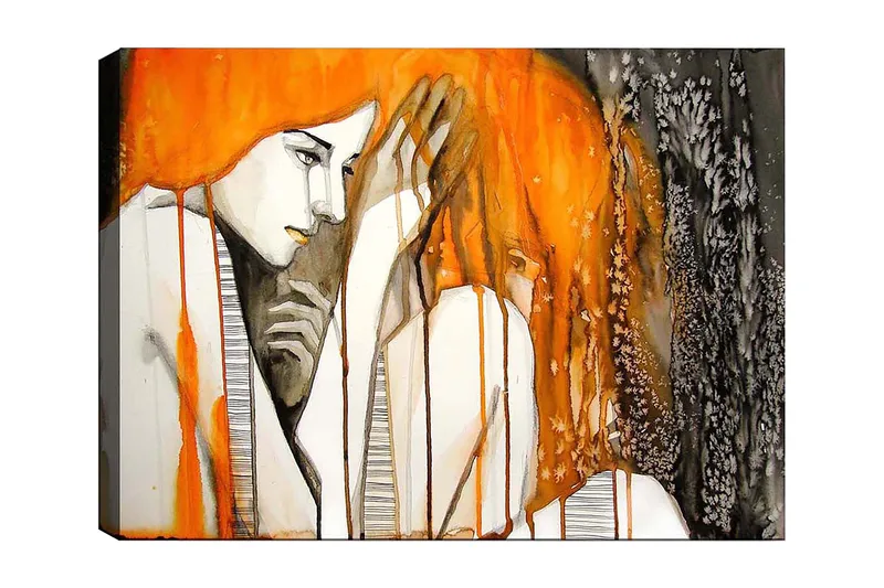 Lærred 70x100 cm - Følelsesladet skildring af to kvinder, der udtrykker intimitet og sårbarhed - Orange / Sort / Grå - Boligtilbehør - Billeder & kunst - Billeder på lærred