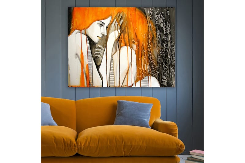 Lærred 70x100 cm - Følelsesladet skildring af to kvinder, der udtrykker intimitet og sårbarhed - Orange / Sort / Grå - Boligtilbehør - Billeder & kunst - Billeder på lærred