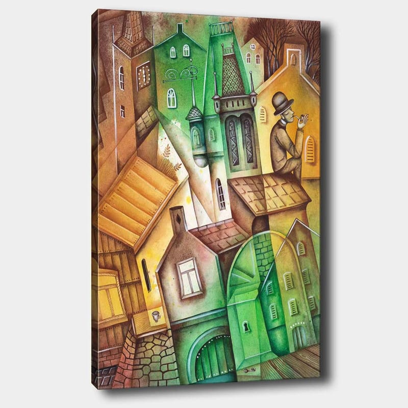 Lærred 70x100 cm - Fantasifuldt bybillede med forvrængede huse og en mand med hat, der står og kigger på omgivelserne, Grøn / Brun / Gul