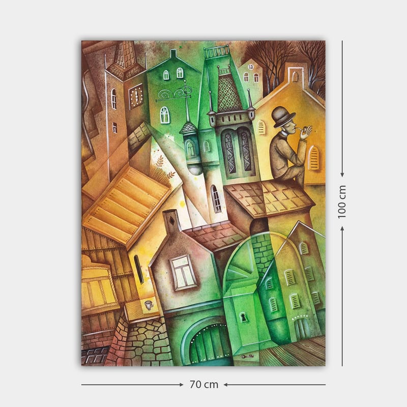 Lærred 70x100 cm - Fantasifuldt bybillede med forvrængede huse og en mand med hat, der står og kigger på omgivelserne - Grøn / Brun / Gul - Boligtilbehør - Billeder & kunst - Billeder på lærred