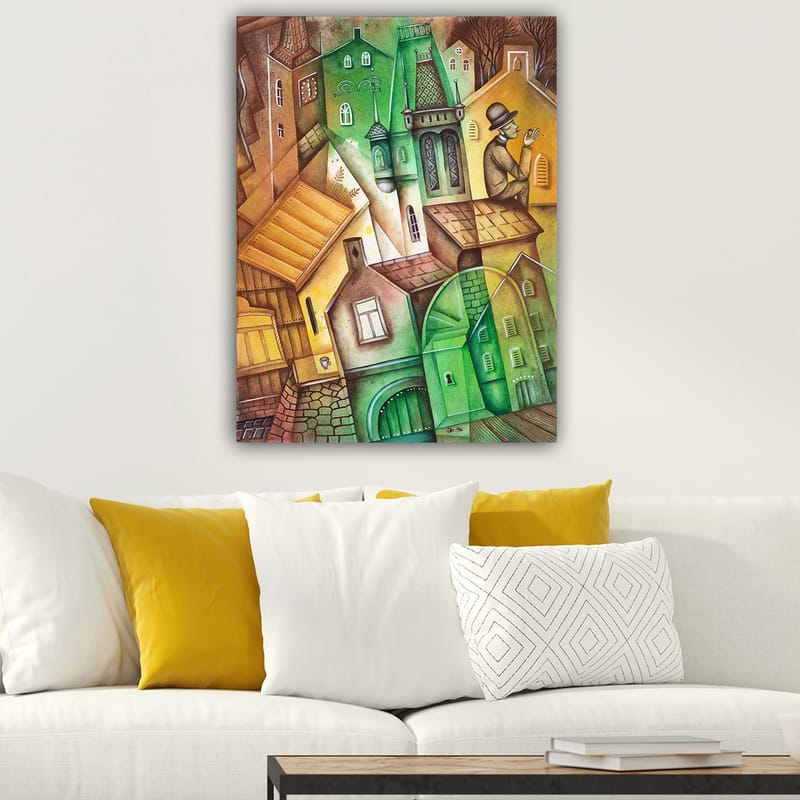Lærred 70x100 cm - Fantasifuldt bybillede med forvrængede huse og en mand med hat, der står og kigger på omgivelserne - Grøn / Brun / Gul - Boligtilbehør - Billeder & kunst - Billeder på lærred