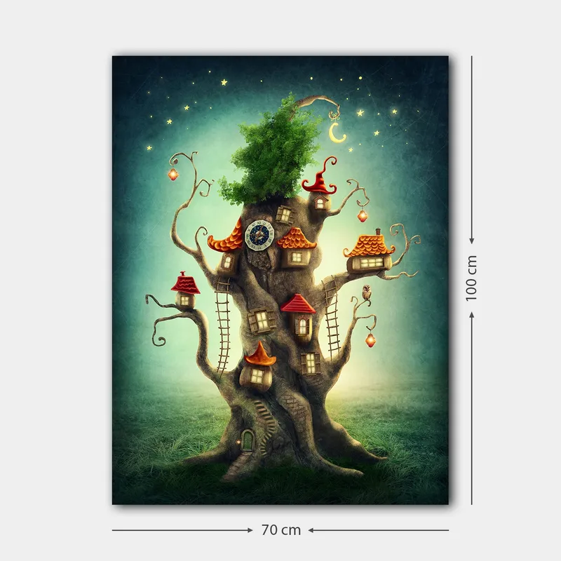 Lærred 70x100 cm - Fantasifuldt trætryk med små huse og en frodig krone - Brun / Grøn / Rød - Boligtilbehør - Billeder & kunst - Billeder på lærred
