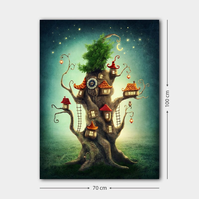Lærred 70x100 cm - Fantasifuldt trætryk med små huse og en frodig krone - Brun / Grøn / Rød - Boligtilbehør - Billeder & kunst - Billeder på lærred