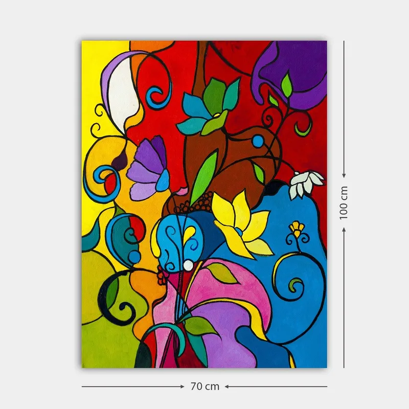 Lærred 70x100 cm - Farverig abstrakt komposition med blomster og skriftruller, der skaber en levende atmosfære - Rød / Blå / Gul - Boligtilbehør - Billeder & kunst - Billeder på lærred