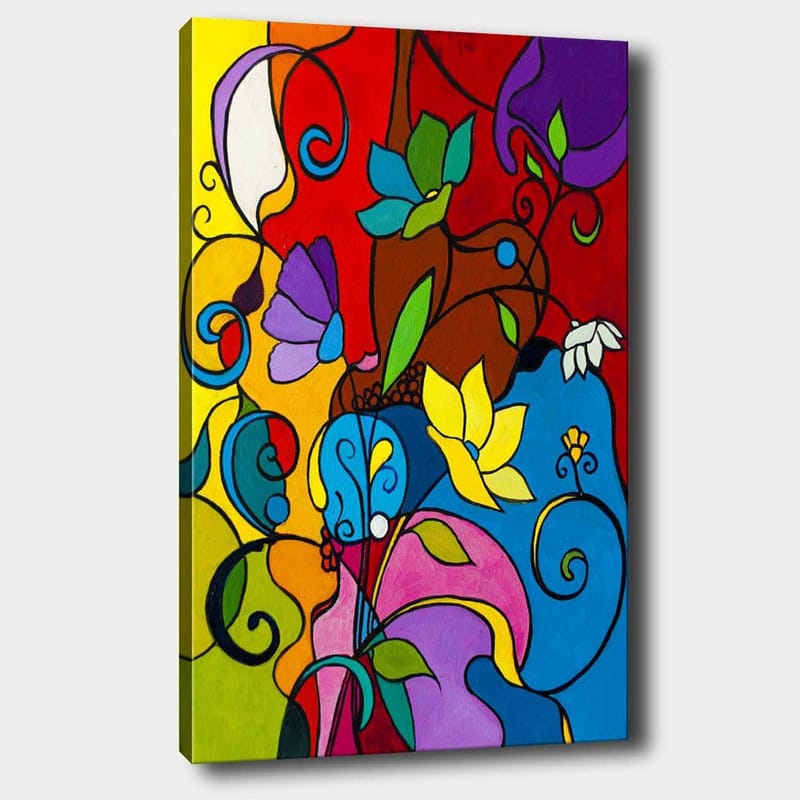 Lærred 70x100 cm - Farverig abstrakt komposition med blomster og skriftruller, der skaber en levende atmosfære, Rød / Blå / Gul