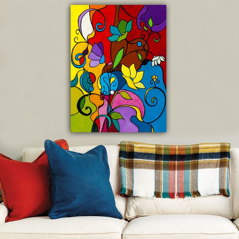 Lærred 70x100 cm - Farverig abstrakt komposition med blomster og skriftruller, der skaber en levende atmosfære - Rød / Blå / Gul - Boligtilbehør - Billeder & kunst - Billeder på lærred