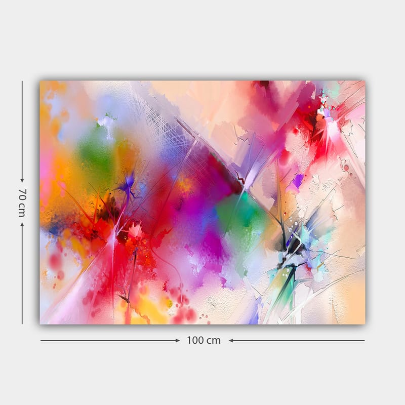 Lærred 70x100 cm - Farverig abstrakt komposition med dynamiske former og levende farver - Rød / Lilla / Grøn - Boligtilbehør - Billeder & kunst - Billeder på lærred