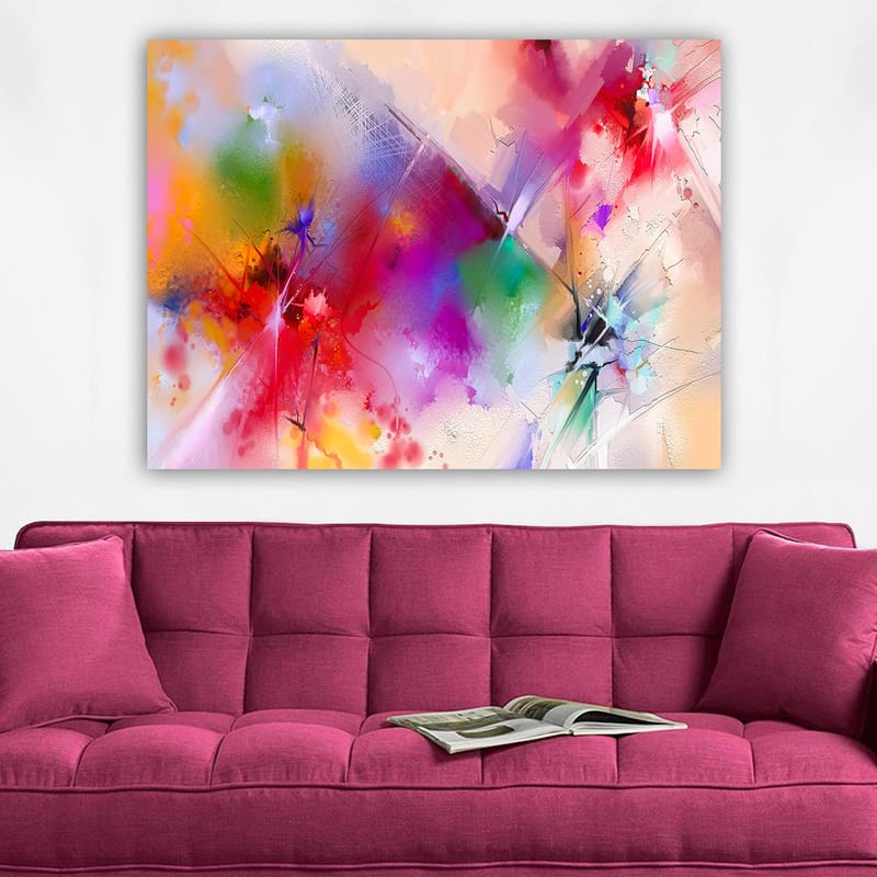 Lærred 70x100 cm - Farverig abstrakt komposition med dynamiske former og levende farver - Rød / Lilla / Grøn - Boligtilbehør - Billeder & kunst - Billeder på lærred