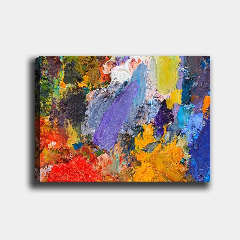 Lærred 70x100 cm - Farverig abstrakt komposition med dynamiske penselstrøg og livlige nuancer, Lilla / Orange / Rød