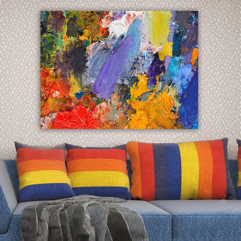 Lærred 70x100 cm - Farverig abstrakt komposition med dynamiske penselstrøg og livlige nuancer - Lilla / Orange / Rød - Boligtilbehør - Billeder & kunst - Billeder på lærred
