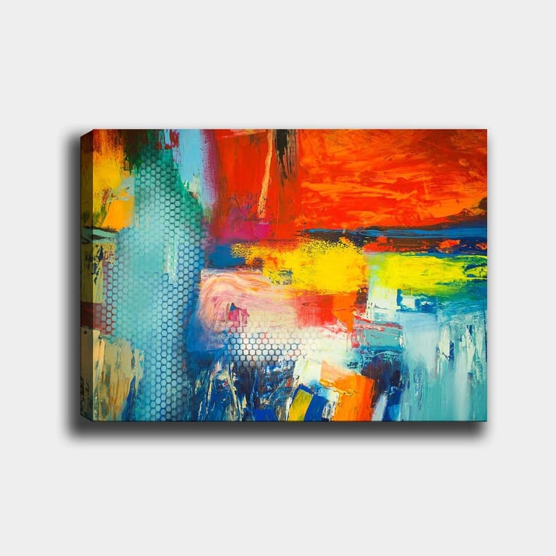 Lærred 70x100 cm - Farverig abstrakt komposition med elementer af rød, blå og gul, der skaber en dynamisk følelse, Rød / Blå / Gul