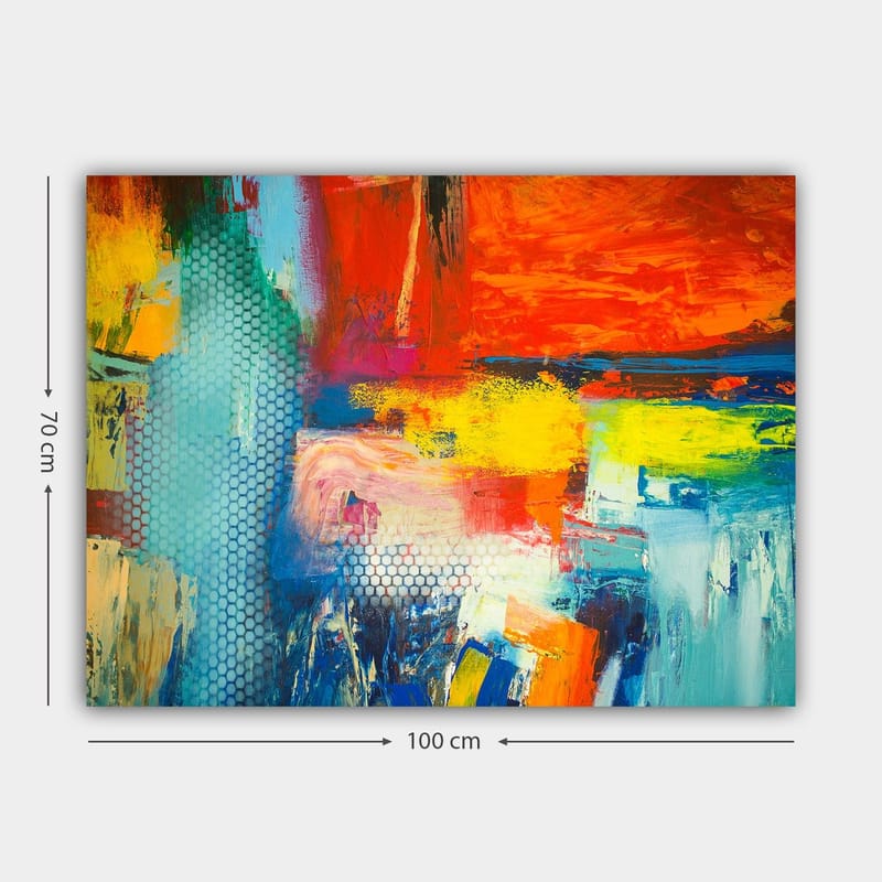 Lærred 70x100 cm - Farverig abstrakt komposition med elementer af rød, blå og gul, der skaber en dynamisk følelse - Rød / Blå / Gul - Boligtilbehør - Billeder & kunst - Billeder på lærred