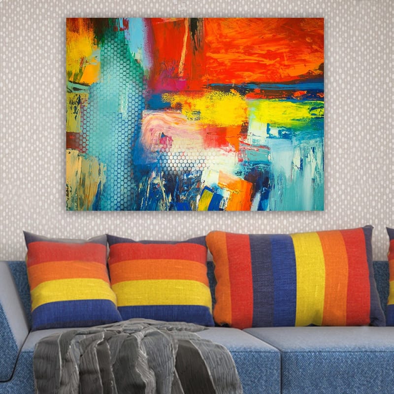 Lærred 70x100 cm - Farverig abstrakt komposition med elementer af rød, blå og gul, der skaber en dynamisk følelse - Rød / Blå / Gul - Boligtilbehør - Billeder & kunst - Billeder på lærred