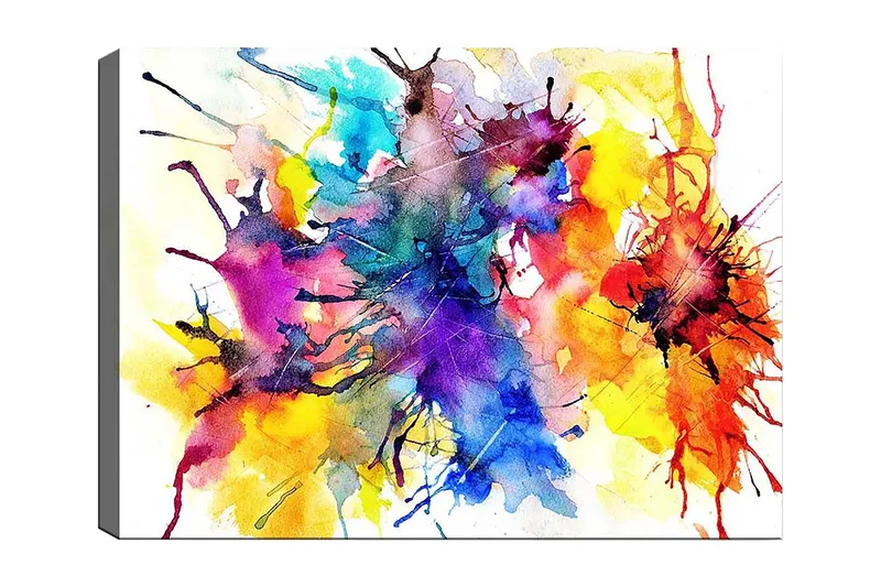 Lærred 70x100 cm - Farverig abstrakt kunst med sprøjtende akvarelmaling, der skaber en dynamisk og levende komposition, Blå / Rød / Gul