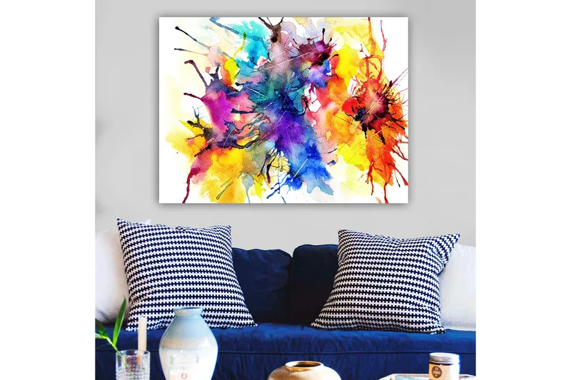 Lærred 70x100 cm - Farverig abstrakt kunst med sprøjtende akvarelmaling, der skaber en dynamisk og levende komposition - Blå / Rød / Gul - Boligtilbehør - Billeder & kunst - Billeder på lærred