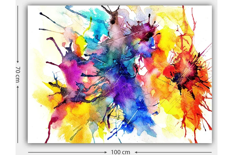 Lærred 70x100 cm - Farverig abstrakt kunst med sprøjtende akvarelmaling, der skaber en dynamisk og levende komposition - Blå / Rød / Gul - Boligtilbehør - Billeder & kunst - Billeder på lærred