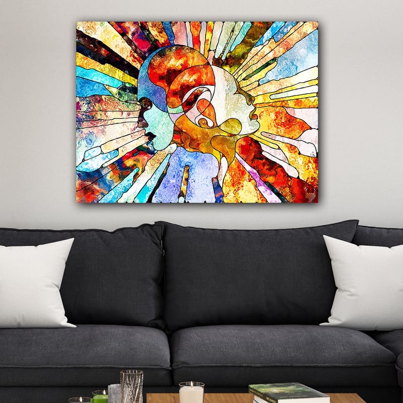 Lærred 70x100 cm - Farverig abstrakt repræsentation af to ansigter, der symboliserer samhørighed og kommunikation, Rød / Blå / Orange