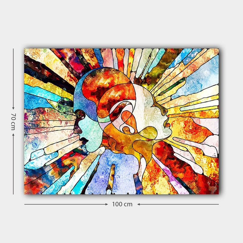 Lærred 70x100 cm - Farverig abstrakt repræsentation af to ansigter, der symboliserer samhørighed og kommunikation - Rød / Blå / Orange - Boligtilbehør - Billeder & kunst - Billeder på lærred