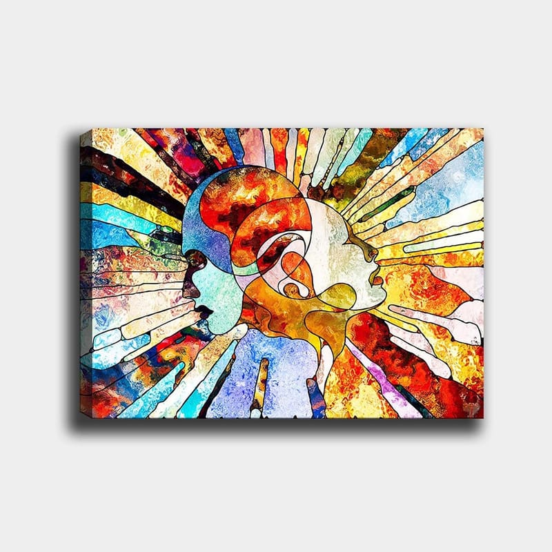 Lærred 70x100 cm - Farverig abstrakt repræsentation af to ansigter, der symboliserer samhørighed og kommunikation - Rød / Blå / Orange - Boligtilbehør - Billeder & kunst - Billeder på lærred