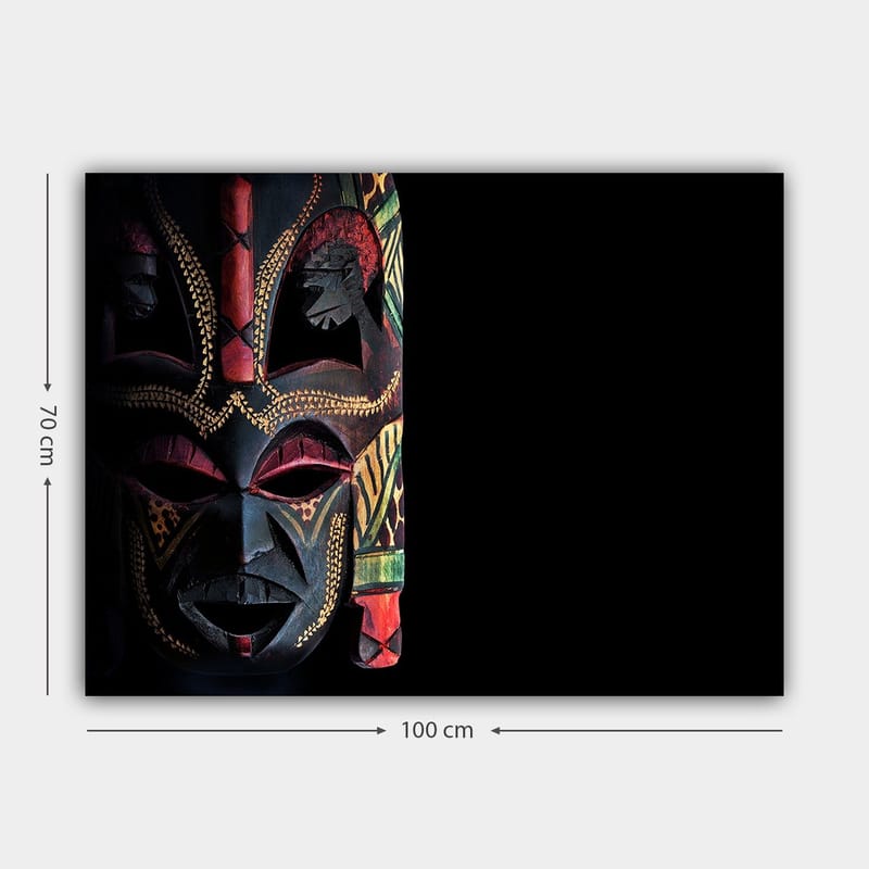 Lærred 70x100 cm - Farverig afrikansk maske med detaljerede mønstre og udtryksfulde træk - Sort / Rød / Grøn - Boligtilbehør - Billeder & kunst - Billeder på lærred