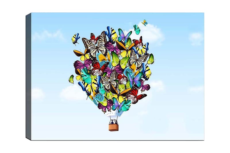 Lærred 70x100 cm - Farverig ballon fyldt med forskellige sommerfugle, der svæver mod en klar himmel, Grøn / Blå / Gul
