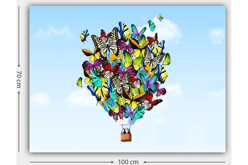 Lærred 70x100 cm - Farverig ballon fyldt med forskellige sommerfugle, der svæver mod en klar himmel - Grøn / Blå / Gul - Boligtilbehør - Billeder & kunst - Billeder på lærred