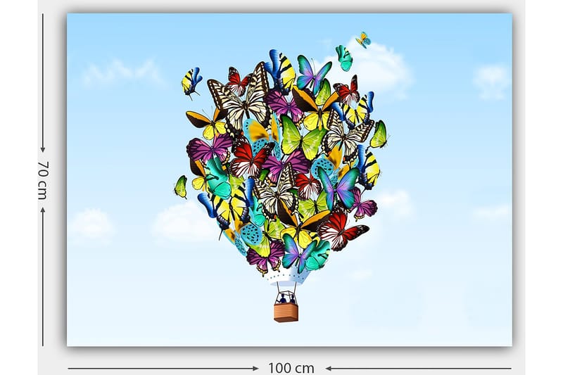 Lærred 70x100 cm - Farverig ballon fyldt med forskellige sommerfugle, der svæver mod en klar himmel - Grøn / Blå / Gul - Boligtilbehør - Billeder & kunst - Billeder på lærred