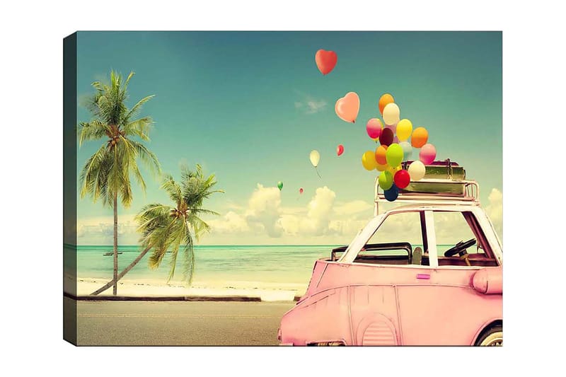 Lærred 70x100 cm - Farverig bil med balloner på taget, omgivet af palmer og hav, der giver en følelse af sommer og glæde, Lyserød / Grøn / Gul