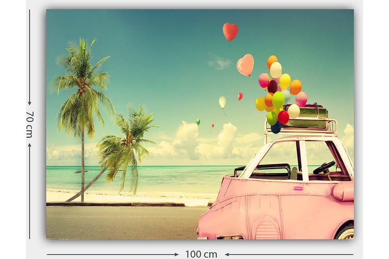 Lærred 70x100 cm - Farverig bil med balloner på taget, omgivet af palmer og hav, der giver en følelse af sommer og glæde - Lyserød / Grøn / Gul - Boligtilbehør - Billeder & kunst - Billeder på lærred