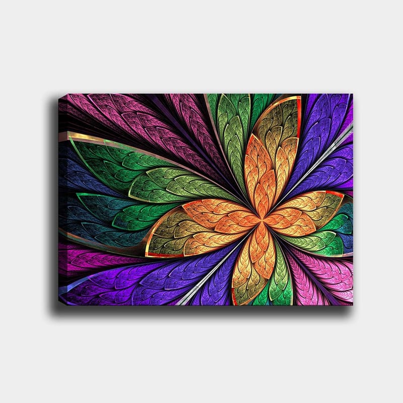 Lærred 70x100 cm - Farverig blomst med detaljerede blade i forskellige nuancer, Grøn / Orange / Lilla